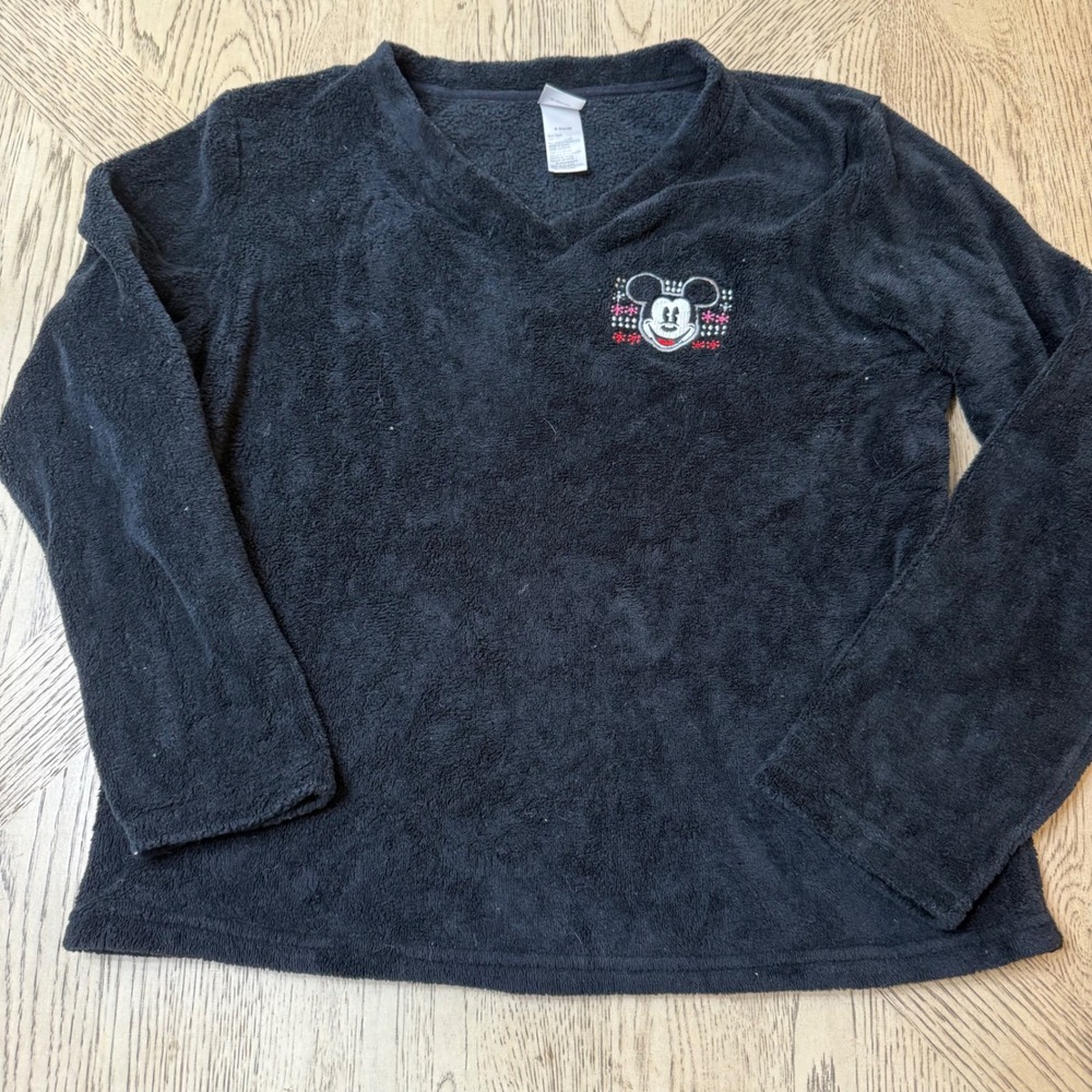 Disney Womens‎ Large Black Plush Pullover Mickey Mouse Embroidered Sleepwear Top